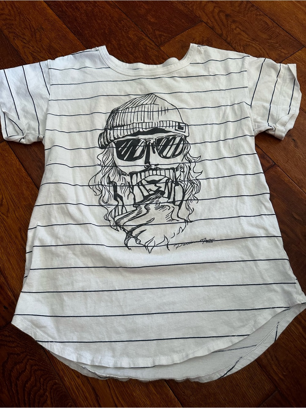 Blue 84 White Tee with Black Stripe and Perrine man graphic